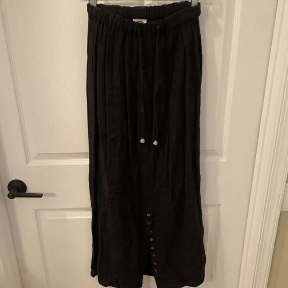 The Produce Co Maxi Skirt Women Small Black Rayon Flax Button Slit Made in‎ USA